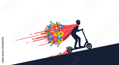 A dynamic silhouette of a superhero delivery person on an electric scooter, swiftly transporting a vibrant bouquet of fresh flowers with speed streaks.