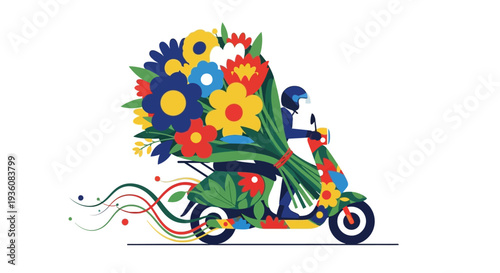 A vibrant illustration depicts a person on a stylish scooter, swiftly delivering an enormous, colorful bouquet of fresh flowers, symbolizing joy and efficient service.