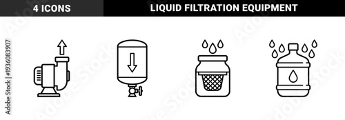 Water filtration and distribution systems featuring pump machinery, pressure tank, gravity filter, and storage bottle in bold monoline technical style.