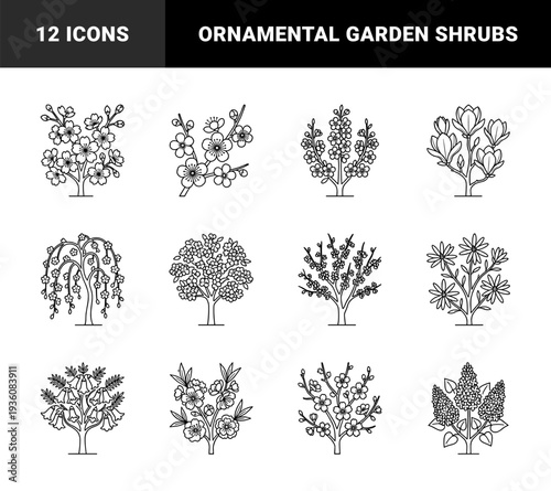 Spring flowering trees and ornamental shrubs in minimalist monoline style. Botanical line art featuring cherry blossoms, magnolias, and floral branches for garden landscaping.