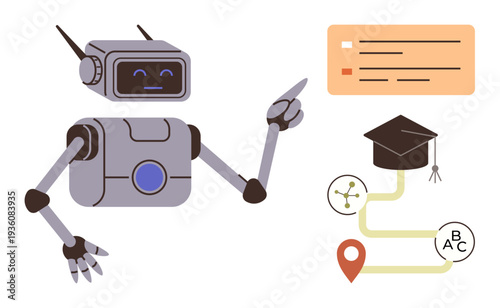 Artificial intelligence, digital learning, online education, future of teaching, knowledge sharing, educational technology. A robot pointing to a graduation cap and directional icons. Artificial