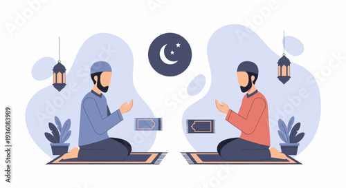 Two Muslim men praying during Ramadan observing Islamic traditions and worship.