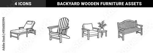 Outdoor patio furniture line art including adirondack chair wooden bench and poolside lounge chair. Minimalist monoline garden seating for backyard landscaping and exterior design projects.