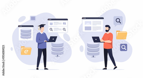 Two people standing and working on laptops with data management concepts.