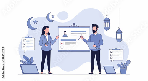 Two people standing in front of a presentation board with a resume displayed.