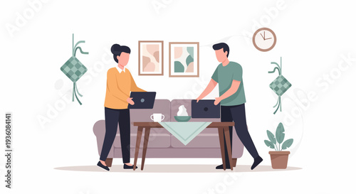 Two people working on laptops in a cozy home environment.