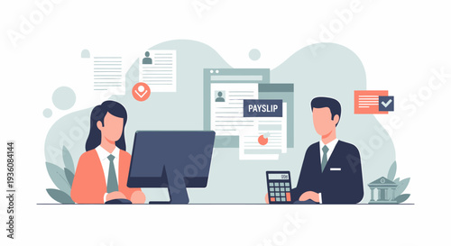 Two people working at desks in an office setting.