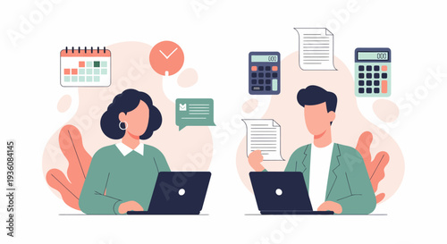 Two people working on laptops managing tasks and finances with digital tools.