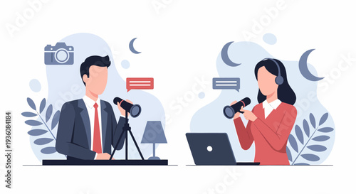 Two podcasters broadcasting their show with microphones and equipment.