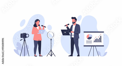 Two professional presenters recording a podcast or video content for online audience.