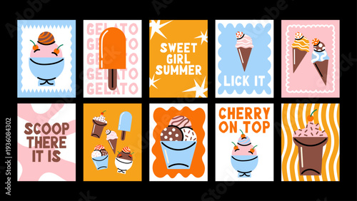 Retro Flat Ice Cream Poster Set with Cute Cartoon Desserts and Bold Typography, Trendy Summer Wall Art for Cafe Decor, Sweet Shop Branding and Social Media Graphics