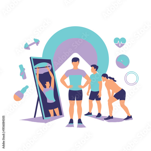 Vector illustration of people exercising with fitness icons