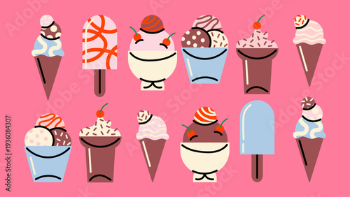Cute Flat Cartoon Ice Cream Characters Collection in Kawaii Style, Playful Summer Dessert Clipart Set for Kids Stickers, Scrapbooking, Party Decor and Sweet Branding Design