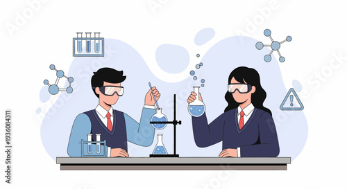 Two young scientists conducting experiments in a laboratory setting.