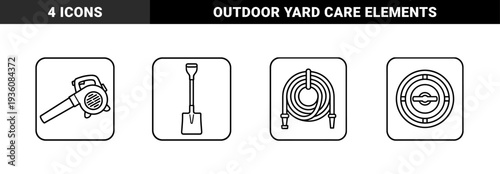 Garden maintenance and landscaping equipment pictograms featuring leaf blower shovel water hose and irrigation valve in monoline aesthetic.