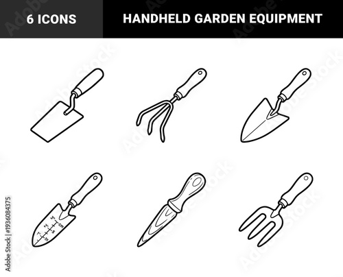 Handheld gardening hand tools for soil preparation and planting. Black and white outline illustration featuring trowel, transplanting spade, hand rake, and garden fork.