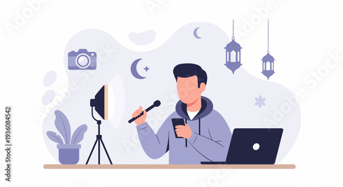 Young man vlogging with microphone and smartphone creating online content.