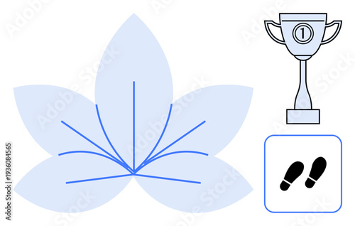 Achievement concept. Achievement ed through trophy, flower emblem, and footprints icons. Achievement progress, success, and effort. For leadership, motivation goals fitness and awards