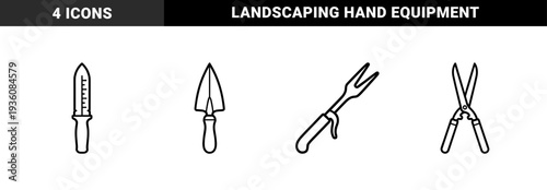 Gardening hand tools and landscaping equipment for backyard maintenance. Minimalist monoline pictograms featuring trowel, transplanter, weeder, and pruning shears.