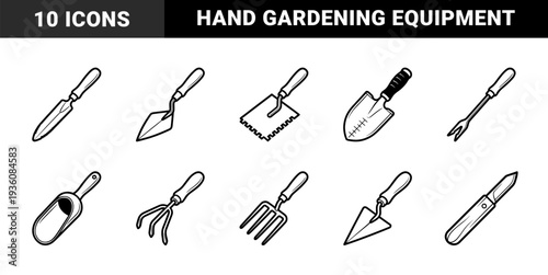Manual gardening hand tools for soil cultivation and transplanting. Chunky monoline illustrations of trowels, rakes, and weeding forks for horticulture.