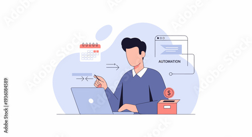 Young man working on laptop managing tasks and finances with digital tools.