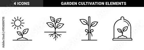 Sustainable agriculture and plant cultivation monoline pictograms featuring seedling growth, root systems, greenhouse protection, and garden staking.