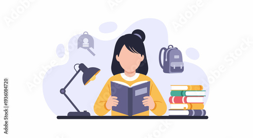 Young woman student reading book diligently for education.