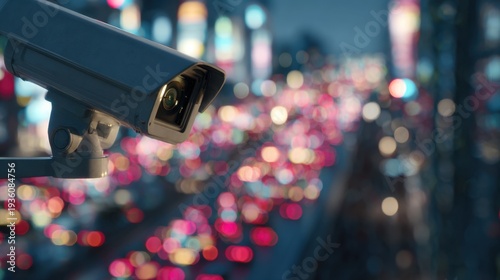 Security camera monitors busy city street at night with colorful lights and moving vehicles
