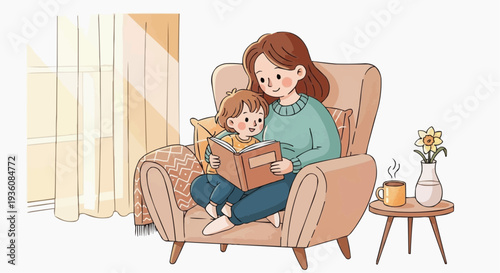 A heartwarming vector illustration of a mother reading to her child on Mother's Day, sitting comfortably in an armchair indoors, serene atmosphere.