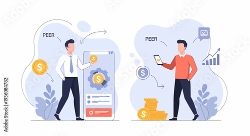 Two men using mobile applications for financial transactions and business growth.