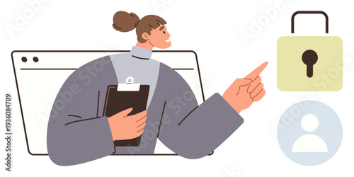 Data protection, identity verification, online security, cybersecurity, privacy management, authentication. A woman holds a clipboard and points to a digital lock. Data protection and identity