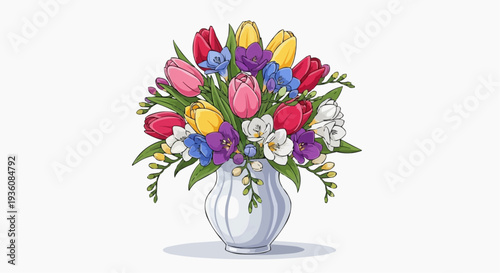 Vector illustration of a vibrant Mother's Day bouquet with tulips and flowers in a vase on a clean background
