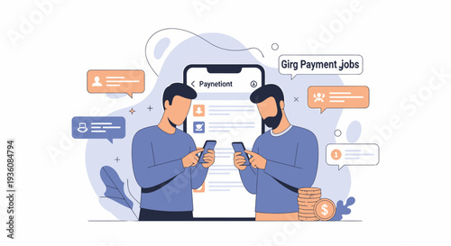 Two men using smartphones for online payment transactions and digital communication.