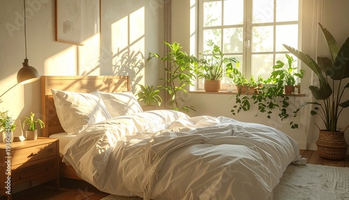 Bright bedroom with white bedding, wooden furniture, and numerous green plants bathed in warm morning sunlight.