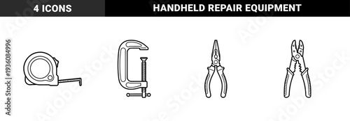 Construction and repair maintenance tools featuring measuring tape, C-clamp, needle-nose pliers, and wire strippers in bold monoline technical illustration style.