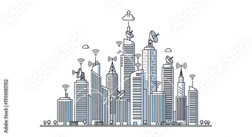 Modern City Skyline with Satellites
