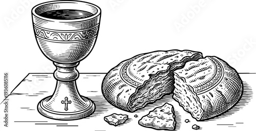 Paschal Wine Broken Bread Engraving Art depicting Easter Communion, Holy Week Symbolism, Christian Eucharist, Last Supper Imagery, Sacramental Elements, and Liturgical Art for Religious Education