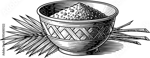 Woodcut Style Illustration: Bowl of Holy Ashes and Palm Branches Symbolizing Lent, Ash Wednesday, and Easter for Christian Faith Resources and Liturgical Designs