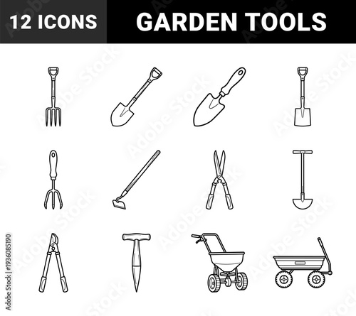 Garden maintenance and landscaping equipment featuring bold monoline outlines for agricultural blueprints and horticultural instructional design projects.