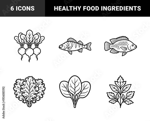 Fresh organic food and sustainable agriculture line art. Bold monolinear illustrations of tilapia, perch, radishes, parsley, spinach, and kale for culinary branding.