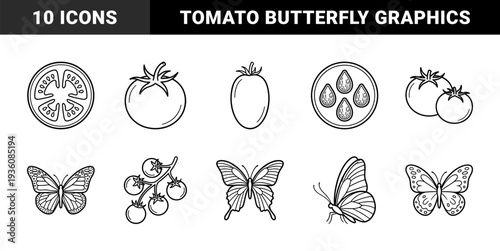 Tomato cultivation and butterfly life cycle elements in monolinear style. Hand-drawn botanical illustrations featuring garden vegetables and lepidoptera.