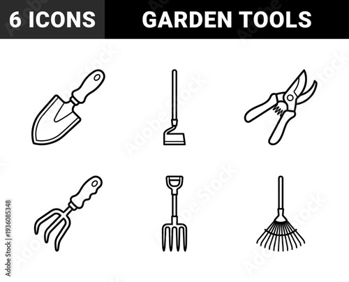 Essential gardening maintenance equipment and agricultural hand tools featuring monoline aesthetic for landscaping and backyard farming projects.