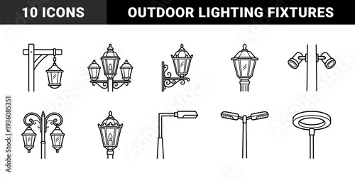 Outdoor lighting and urban street lamp fixtures in technical monoline style. Detailed architectural exterior lanterns and modern LED pole lights for city planning.