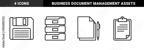 Data storage and document management symbols in chunky monoline style. Minimalist black line graphics of floppy disk, archives, clipboard, and stationery.