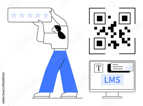 Online education, feedback systems, e-learning, digital reviews, personal growth, virtual platforms. Person holding a rating, QR code LMS on screen. Online education and feedback systems concept