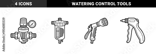Industrial plumbing and irrigation maintenance components featuring pressure regulators, water filters, and adjustable spray nozzles in a bold technical line art style.