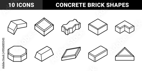 Concrete paving stones and interlocking brick shapes for landscape architecture. Technical monoline diagrams of outdoor flooring and masonry materials.