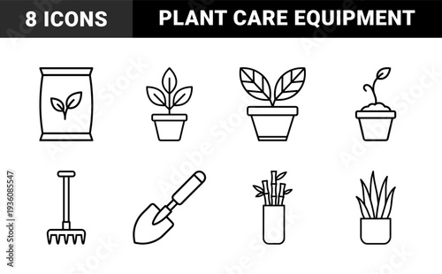 Gardening and plant cultivation line art featuring potted sprouts, soil bags, and hand tools. Minimalist monoline pictograms for botanical branding and urban farming guides.