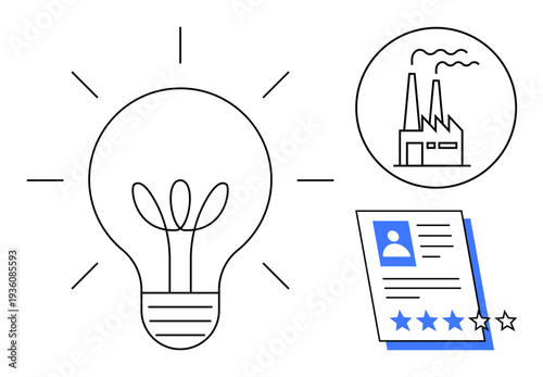 Light bulb with plant symbolizes innovation, factory represents industry, and profile with star ratings reflects evaluation. Ideal for business growth, creativity, sustainability, production
