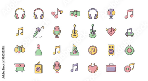 Music icons set headphones notes microphones